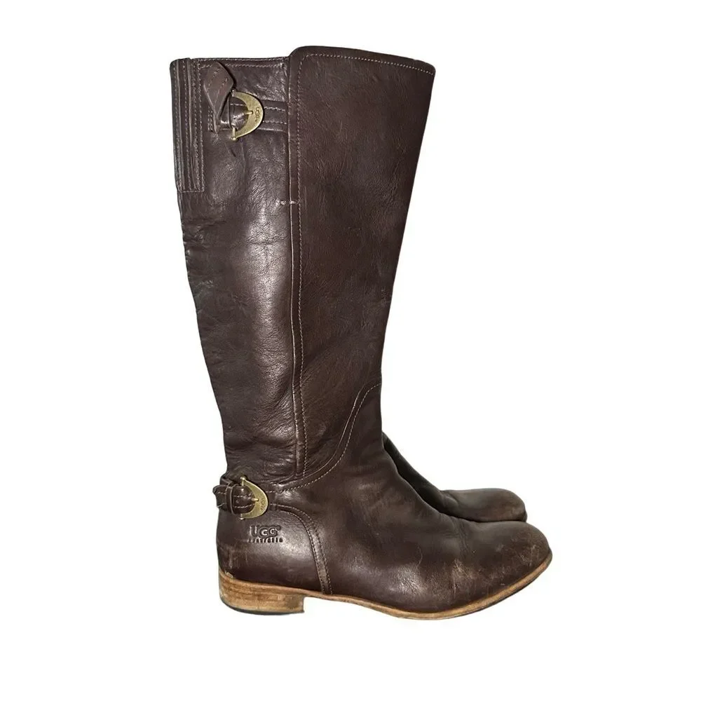 UGG Australia Amberlee Espresso Leather Equestrian Style Boots, Size 9.5